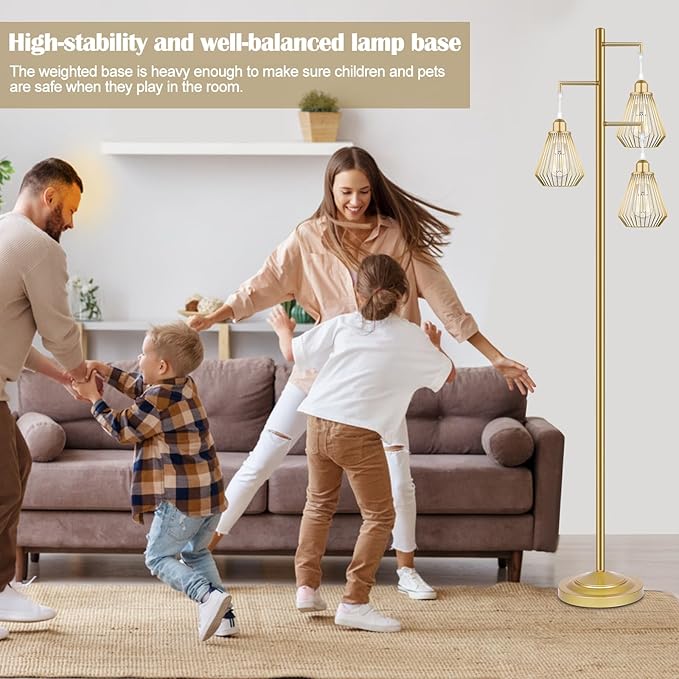 QiMH Industrial Floor Lamps for Living Room, Tree Standing Lamp with 3 Teardrop Cage Shades, 68" Modern Tall Lamps for Bedroom Office Home Light Decor, E26 Socket, Pedal Switch, Brass Gold - LeafyLoom