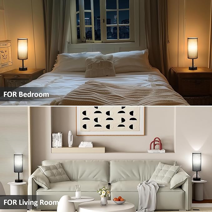 Black Bedside Table Lamps Set of 2-3 Color Temperatures Pull Chain Lamp with AC Outlet Charging Port, Two Round Night Stand Lamps for Bedroom Office, Small Bed Side Light with E26 LED Bulbs - LeafyLoom