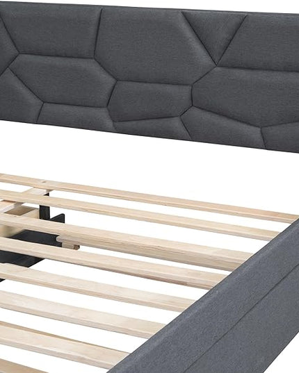Full Size Linen Upholstered Platform Bed with Twin Size Trundle and 2 Drawers,Bedroom Bed Frame w/Brick Pattern Headboard,Wooden Slats Supproted,for Teens Kids Adults,Gray - LeafyLoom