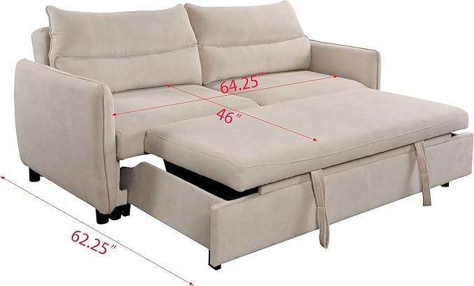 Queen Size Loveseat Sleeper Sofa,3 in 1 Soft Corduroy Upholstered Oversized Convertible Love Seat Sofabed cum Daybed W/Pull Out Sleep Couch Bed and Reclining Backrest for Living Space, 75“, Beige - LeafyLoom