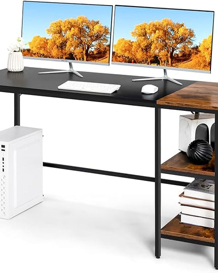 Multifunctional Computer Desk, Industrial Study Writing Desk w/Removable Storage Shelf, Heavy-Duty Metal Frame, 55 Inch Desk for Home Office, Gaming Room, Bedroom (Black) - LeafyLoom