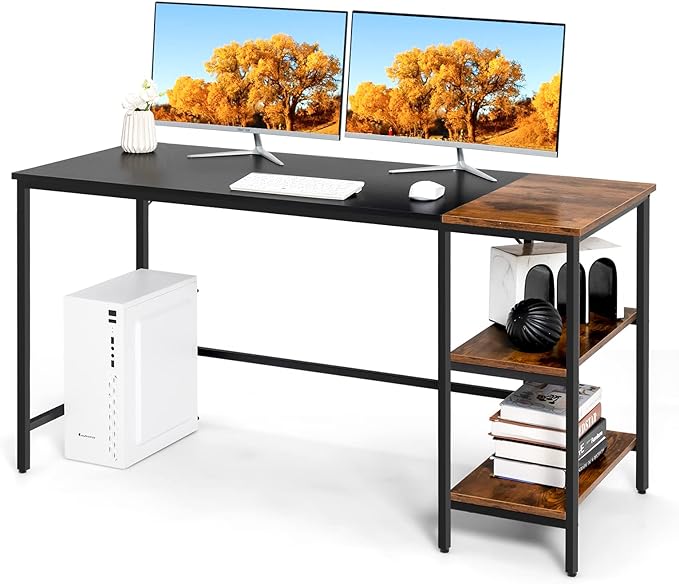 Multifunctional Computer Desk, Industrial Study Writing Desk w/Removable Storage Shelf, Heavy-Duty Metal Frame, 55 Inch Desk for Home Office, Gaming Room, Bedroom (Black) - LeafyLoom