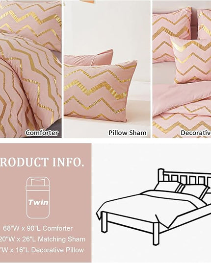 Pink Comforter Set Twin Size, Metallic Blush and Rose Gold Bedding Set, 3 Piece Lightweight Microfiber Comforter for Teen Girls Women (1 Pillow Sham + 1 Decorative Pillow Sham) - LeafyLoom