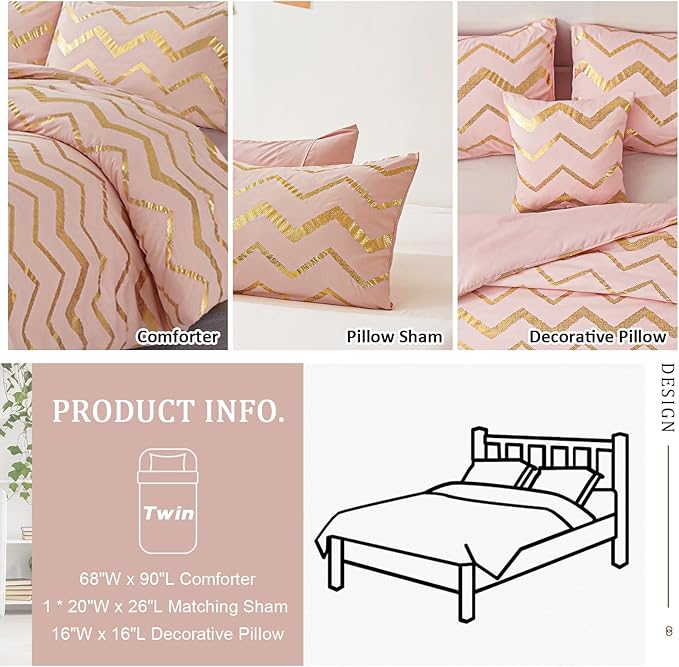 Pink Comforter Set Twin Size, Metallic Blush and Rose Gold Bedding Set, 3 Piece Lightweight Microfiber Comforter for Teen Girls Women (1 Pillow Sham + 1 Decorative Pillow Sham) - LeafyLoom