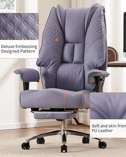 Big and Tall Office Chair 400lbs Wide Seat, Leather High Back Executive Office Chair with Foot Rest, Ergonomic Office Chair Lumbar Support for Lower Back Pain Relief (Light Purple) - LeafyLoom