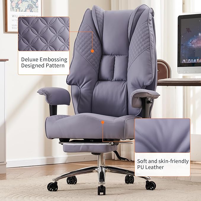 Big and Tall Office Chair 400lbs Wide Seat, Leather High Back Executive Office Chair with Foot Rest, Ergonomic Office Chair Lumbar Support for Lower Back Pain Relief (Light Purple) - LeafyLoom