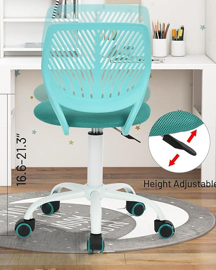 FurnitureR Desk Chair Small Study Chairs Armless for Child Kids Teens, Swivel Rolling Lightweight Task Chair with Wheels and Mesh Padded Cushion, Turquoise - LeafyLoom