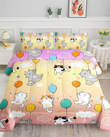 Datura home Kids Comforter Set Cute Cats Printed Pattern Bedding Set with 1 Comforter and 2 Pillowcases for Girls Boys Bedroom All Season(Cat1 Twin) - LeafyLoom