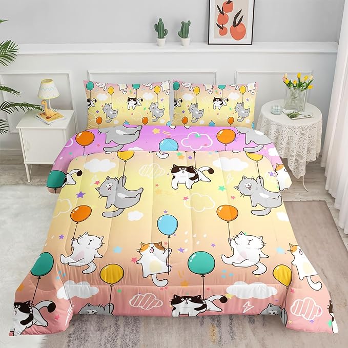 Datura home Kids Comforter Set Cute Cats Printed Pattern Bedding Set with 1 Comforter and 2 Pillowcases for Girls Boys Bedroom All Season(Cat1 Full) - LeafyLoom