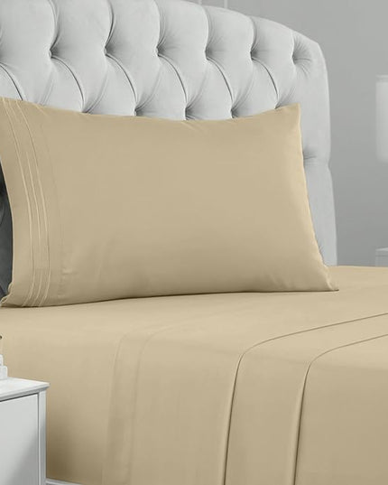 Mellanni Twin Sheets Set - 3 PC Iconic Collection Bedding Sheets & Pillowcases - Hotel Luxury, Extra Soft, Cooling Bed Sheets - Deep Pocket up to 16 inch (Twin, Beige) - LeafyLoom