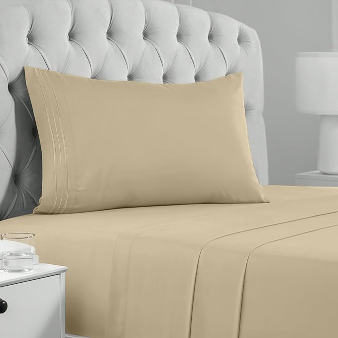 Mellanni Twin Sheets Set - 3 PC Iconic Collection Bedding Sheets & Pillowcases - Hotel Luxury, Extra Soft, Cooling Bed Sheets - Deep Pocket up to 16 inch (Twin, Beige) - LeafyLoom