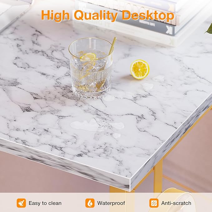 ODK Computer Desk Large Office Desk, 48 Inch Writing Desk with Storage, Modern PC Desk Work Table with Headphone Hook for Home Office, White Marble + Gold Leg - LeafyLoom