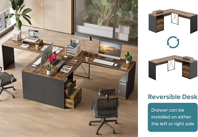 Bestier L Shaped Desk with Drawers, 55 inch Office L Desk with Reversible File Drawer, Industrial Wood Computer Desk with Monitor Stand (Rustic Brown) - LeafyLoom