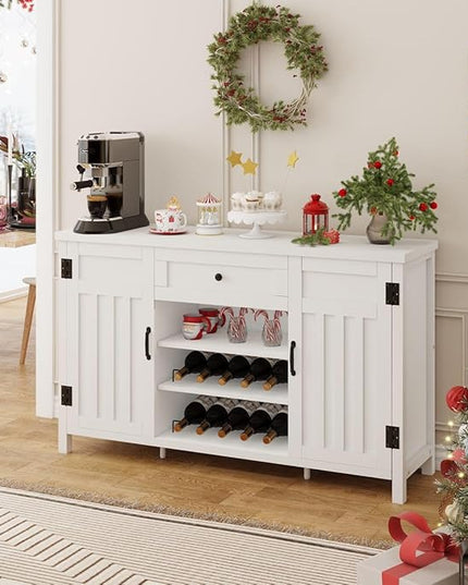 FATORRI Buffet Cabinet with Storage, Wood Sideboard Buffet Cabinet with Wine Rack, Modern Credenza Coffee Bar Cabinet for Kitchen Living Room (55.12 Inch, White Oak) - LeafyLoom