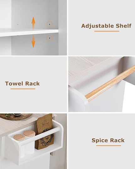51.06 Inch Rolling Kitchen Cart with Trash Can Storage Cabinet & Drop Leaf, Portable Mobile Islands Table w/Adjustable Shelf, Spice, Towel Rack and Drawers, for Dining Room, White - LeafyLoom