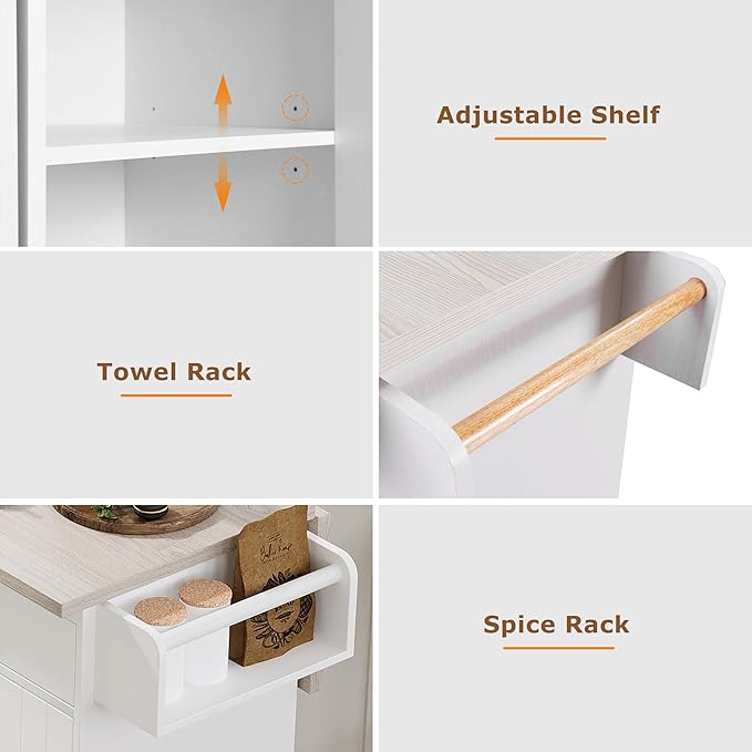 51.06 Inch Rolling Kitchen Cart with Trash Can Storage Cabinet & Drop Leaf, Portable Mobile Islands Table w/Adjustable Shelf, Spice, Towel Rack and Drawers, for Dining Room, White - LeafyLoom