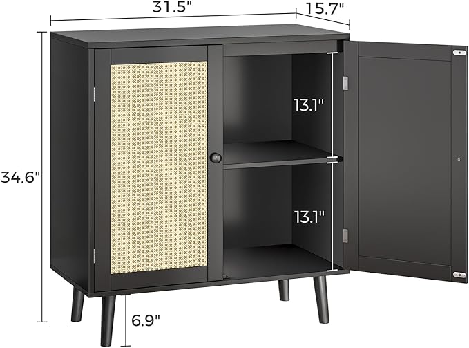 Buffet Cabinet with Storage, Storage Cabinet with Synthetic Rattan Decor Doors, Accent Cabinet with Solid Wood Feet, Sideboard Cabinet for Hallway, Entry, Living Room, Black - LeafyLoom