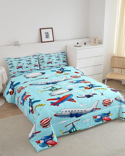 Kids Aircraft Comforter Set Boys Cartoon Airplane Print Comforter Helicopter Flying Plane Bedding Set for Children Girls Travel Decor Duvet Set Cute Colorful Planes Room Decor Queen Size Quilt Set - LeafyLoom