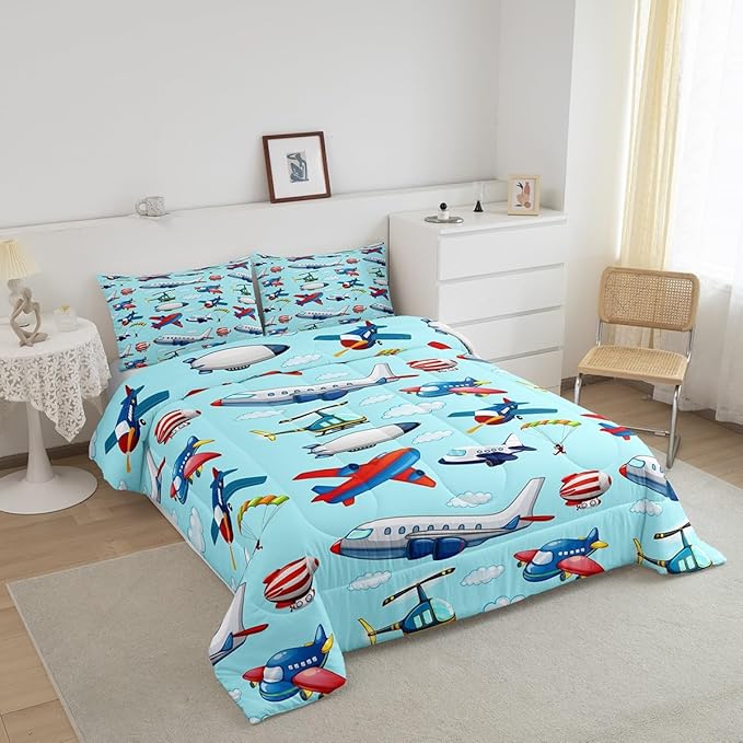 Kids Aircraft Comforter Set Boys Cartoon Airplane Print Comforter Helicopter Flying Plane Bedding Set for Children Girls Travel Decor Duvet Set Cute Colorful Planes Room Decor Queen Size Quilt Set - LeafyLoom