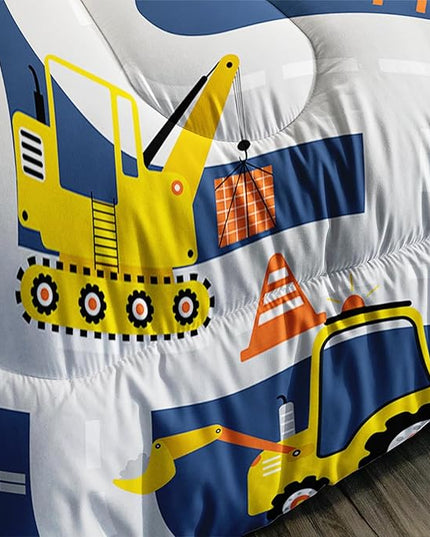 Axolotl Cartoon Excavator Bedding Set Queen,Tractor Truck Bedding Set,Boys Construction Bedding Set,Yellow Vehicles Truck Comforter Construction Site Decor for Kids Boys Teens,1 Quilt 2 Pillowcases - LeafyLoom