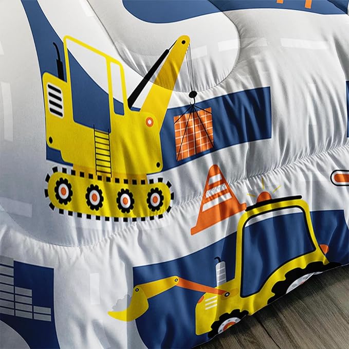 Axolotl Cartoon Excavator Bedding Set Full,Tractor Truck Bedding Set,Boys Construction Bedding Set,Yellow Vehicles Truck Comforter Construction Site Decor for Kids Boys Teens,1 Quilt 2 Pillowcases - LeafyLoom