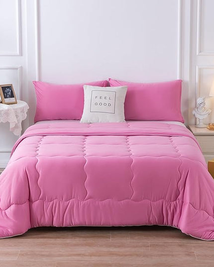 COTTEBED Rose Pink Comforter Queen Size, Jersey Knit T-Shirt Feel Ultra-Soft Cute Cozy Durable Lightweight Bedding Blanket Down Conforter Set and Pillowcase for Women Girl All Season Use Full/Queen - LeafyLoom