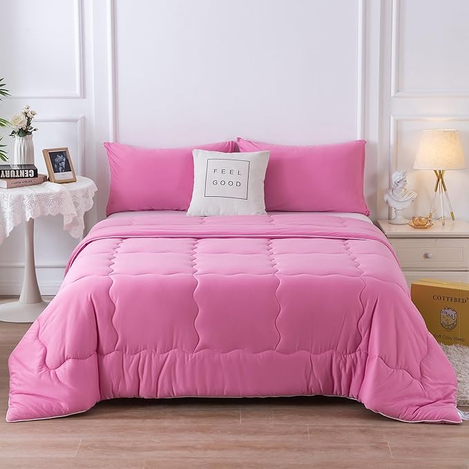 COTTEBED Rose Pink Comforter Queen Size, Jersey Knit T-Shirt Feel Ultra-Soft Cute Cozy Durable Lightweight Bedding Blanket Down Conforter Set and Pillowcase for Women Girl All Season Use Full/Queen - LeafyLoom