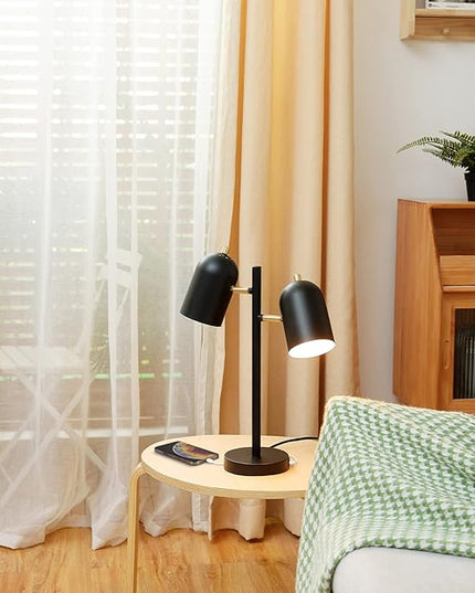 Globe Electric 52994 19" 2-Light Desk Lamp, Matte Black, Matte Brass Accents, 2.1A USB Port, On/Off Rotary Switch on Each Shade - LeafyLoom