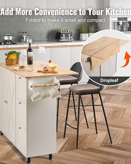 VEVOR Kitchen Island Cart with Solid Wood Top, 35.4" Width Mobile Carts with Storage Cabinet, Rolling Kitchen Table with Spice Rack, Towel Rack, Drop Leaf and Drawer, Portable Islands on Wheels, White - LeafyLoom