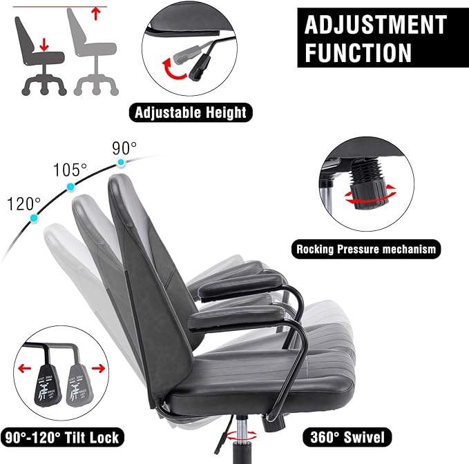 Executive Office Chair, Home Office Desk Chair, Mid Back PU Leather Desk Chair, 360° Swivel Computer Chair, Height Adjustable Tilt Vanity Task Chair for Office, Reading Meeting Room - LeafyLoom