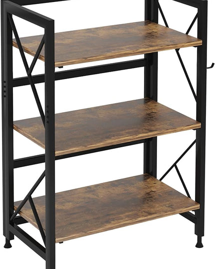 Folding Bookshelf 3 Tier No Assembly Bookcase Industrial Storage Shelves Plant Flower Stand Storage Rack for Home Office Rustic Brown - LeafyLoom