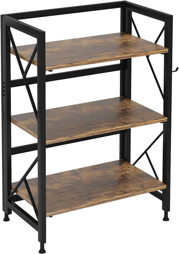 Folding Bookshelf 3 Tier No Assembly Bookcase Industrial Storage Shelves Plant Flower Stand Storage Rack for Home Office Rustic Brown - LeafyLoom