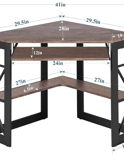 VECELO Corner Computer Desk Writing Smooth Keyboard Tray & Storage Shelves,Compact Home Office Triangle Table, Rustic Natural Brown - LeafyLoom