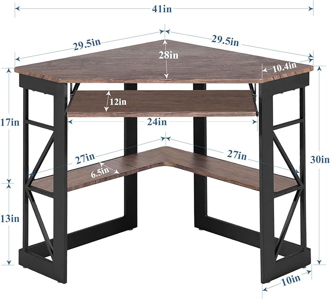 VECELO Corner Computer Desk Writing Smooth Keyboard Tray & Storage Shelves,Compact Home Office Triangle Table, Rustic Natural Brown - LeafyLoom