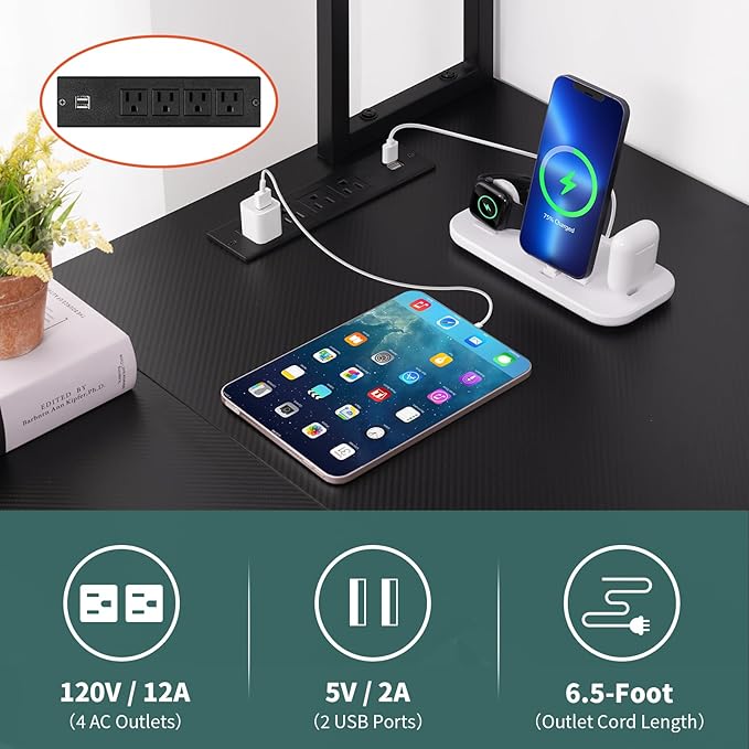 Yoobure L Shaped Desk Gaming Desk with LED Strip & Power Outlet, Reversible L-Shaped Computer Desk with Drawer, Corner Desk with Storage Shelf, 2 Person Home Office Desk, Carbon Fiber Black - LeafyLoom