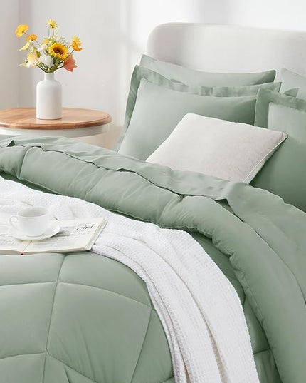 CozyLux Queen Comforter Set with Sheets 7 Pieces Bed in a Bag Sage Green All Season Bedding Sets with Comforter, Pillow Shams, Flat Sheet, Fitted Sheet and Pillowcases - LeafyLoom