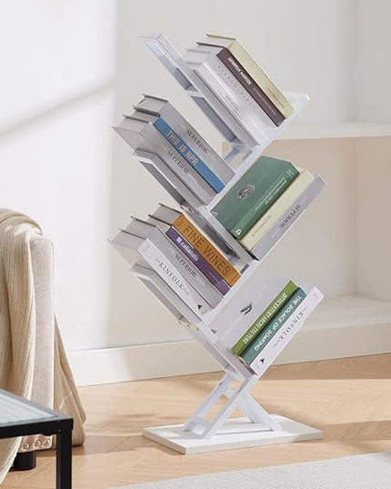 5 Tier Tree Bookshelf, Small Iron Corner Bookcase, Modern Book Shelf Storage Display Floor Standing Bookcase, Utility Organizer for CDs/Books/Home Office/Living/Bedroom Room- White - LeafyLoom