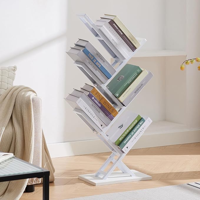 5 Tier Tree Bookshelf, Small Iron Corner Bookcase, Modern Book Shelf Storage Display Floor Standing Bookcase, Utility Organizer for CDs/Books/Home Office/Living/Bedroom Room- White - LeafyLoom