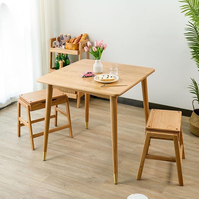 Dining Table, Solid Wood Square Dining Table for Small Space with Copper Decor, Mid Century Kitchen Tables for Island, Modern Oak Wooden Tables, 31.5”D x 31.5" W x 29.5" H (Natural Table Only) - LeafyLoom
