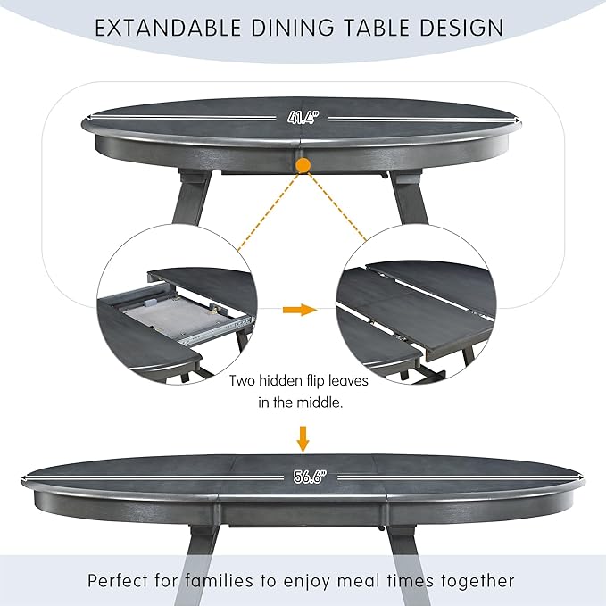 5 Pieces Farmhouse Rustic Dining Set with Solid Wooden Extendable Round Table and 4 Soft Cushion Chair, Home Furniture for Kitchen, Diningroom, Living Room, Drak Grey+Grey - LeafyLoom
