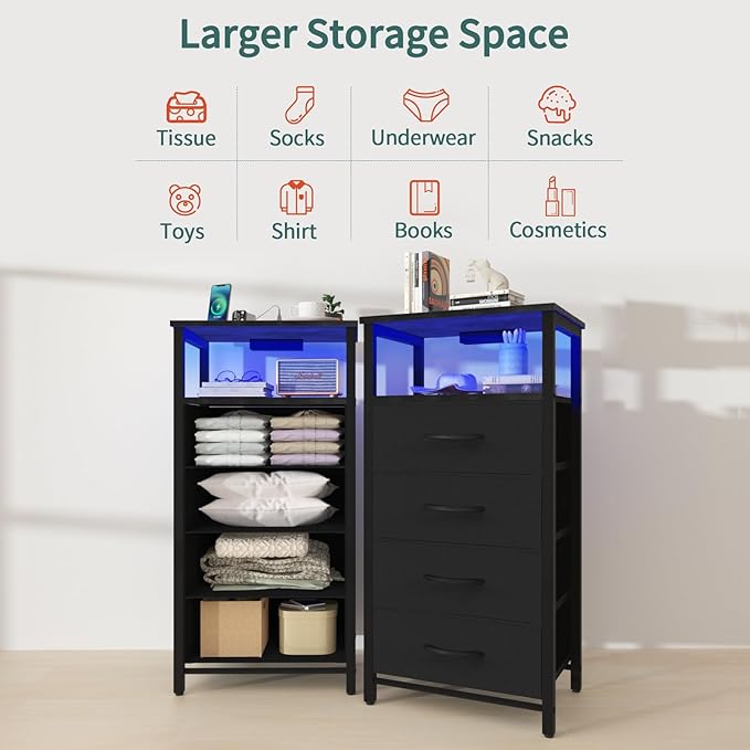 Yoobure LED Nightstand with Charging Station, Tall Dressers for Bedroom, Black Night Stand with 4 Storage Drawers, Bedside Table for Closet, Fabric Side Table, End Table in Living Room - LeafyLoom