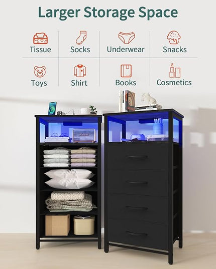 Yoobure Night Stand - LED Black Nightstand with Charging Station, Bedside Table with 4 Storage Drawers and Storage Shelf, End Table with USB Ports and Outlets, Fabric Tall Dresser for Bedroom - LeafyLoom