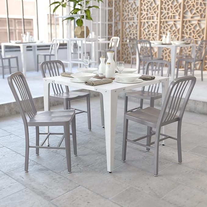 Flash Furniture Gael Indoor/Outdoor Modern Metal Dining Chairs, Commercial-Grade Galvanized Steel Restaurant Chairs, Set of 2, Silver - LeafyLoom