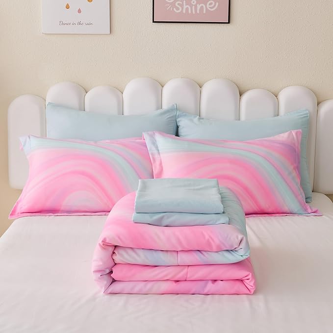 Wajade Girls Pink Comforter Set Bed in A Bag Twin Size 7 Piece 3D Colorful Tie Dye Pink Rainbow Bedding Set for Teens Girls (1 Comforter, 1 Flat Sheet, 1 Fitted Sheet, 2 Pillowcase and 2 Pillow Sham) - LeafyLoom