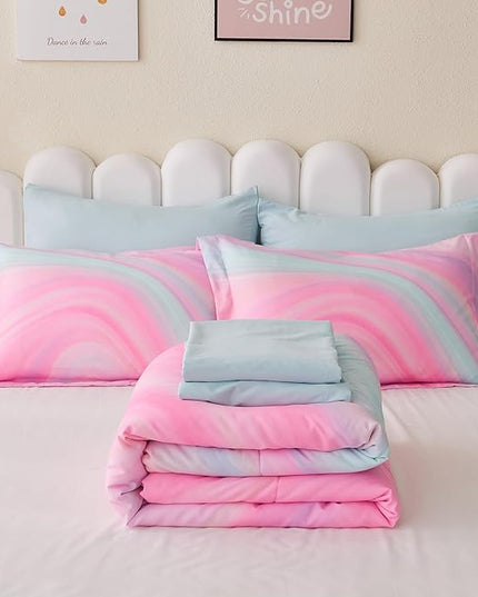 Wajade Girls Pink Comforter Set Bed in A Bag Full Size 7 Piece 3D Colorful Tie Dye Pink Rainbow Bedding Set for Teens Girls (1 Comforter, 1 Flat Sheet, 1 Fitted Sheet, 2 Pillowcase and 2 Pillow Sham) - LeafyLoom