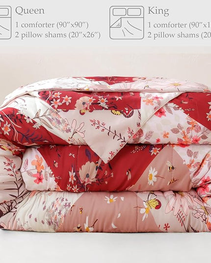Whale Flotilla King Comforter Set, Soft Reversible Red Bedding Comforter Set with Boho Pattern, 1 Micoriber Patchwork Comforter and 2 Pillow Shams, 3 Pieces - LeafyLoom