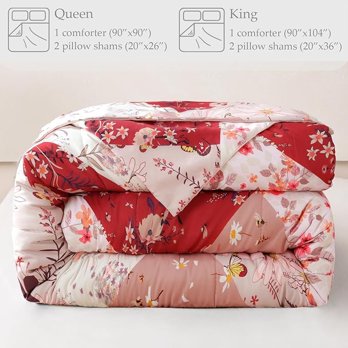 Whale Flotilla King Comforter Set, Soft Reversible Red Bedding Comforter Set with Boho Pattern, 1 Micoriber Patchwork Comforter and 2 Pillow Shams, 3 Pieces - LeafyLoom