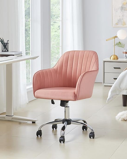 Yaheetech Velvet Vanity Chair Makeup Chair Cute Office Chair Aesthetic Desk Chair Height Adjustable Task Chairs 360° Swivel Computer Chair Living Room Chairs with Arms&Stainless Base Accent Pink - LeafyLoom