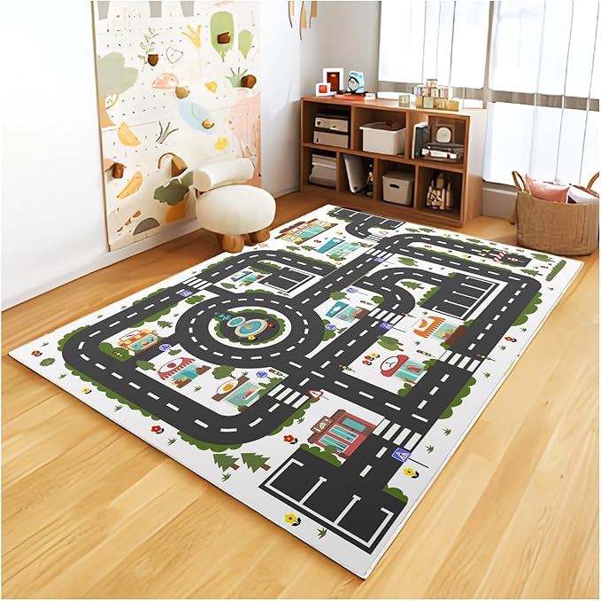 Analog ABC Kids Rug Playroom Car Rug Play Mat City Life Road Rug for Cars Fun City Map for Carpet for Bedroom Boys (63 * 94 inches, Clean City) - LeafyLoom