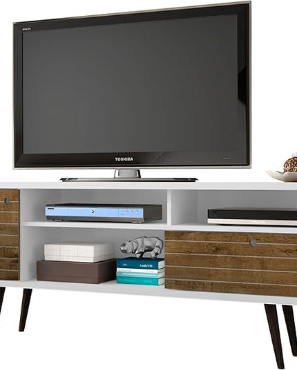 Manhattan Comfort Liberty Mid Century Modern TV Stand for Televisions up to 65 Inches, Bedroom and Living Room Entertainment Center with Storage, Shelves, and Cabinet, 71" Wide, White/Rustic Brown - LeafyLoom